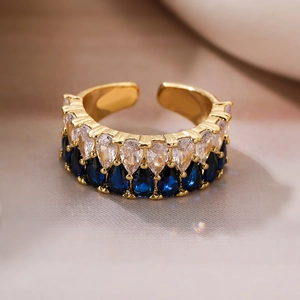 Luxury 18K gold plated double layer ring with clear and navy blue pear-cut zircon stones