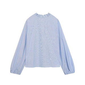 Blue striped women shirt with ruffle collar and puff sleeves shown in a back flat lay