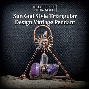 Natural Amethyst White Crystal Sun God Triangle Pendant Necklace Antique Bronze Bohemian Retro Mystery Jewelry