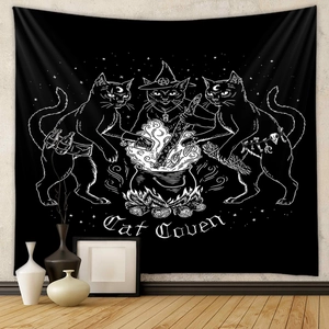 Black and white mystical cat coven wall tapestry for gothic aesthetic room decoration