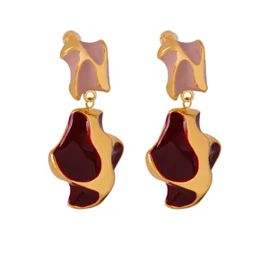 Irregular Geometric Cow Pattern Dangle Earrings Colorful Enamel Copper Metal Stainless Steel Post Women French Retro