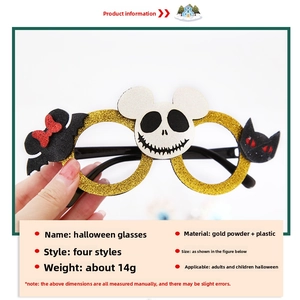 Macro detail of Halloween glitter glasses frame with Jack Skellington and black cat icons