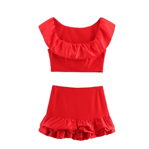 Ensemble Crop Top À Volants Et Mini-Jupe À Couches Rouge Sexy Tenues D'été Jacquard Couleur Unie