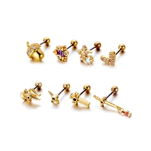 Set of 8 gold stainless steel screw back stud earrings with colorful crystals