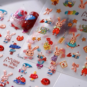 5D embossed nail stickers featuring retro fairy tale rabbits and vintage camera patterns