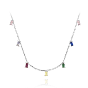 Minimalist s925 silver necklace featuring seven colorful baguette cut zircon gemstones