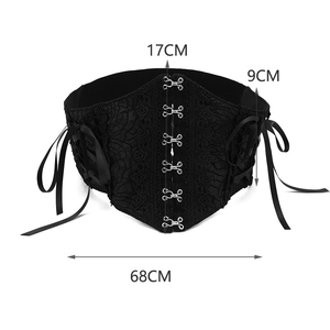 Detail view of black lace corset belt with size markers: 68cm length and 17cm height