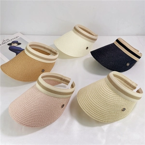 Women Straw Sun Visor Hat Wide Brim Open Top Summer Beach Sunscreen Fashionable Striped Ribbon Metal Letter Decor
