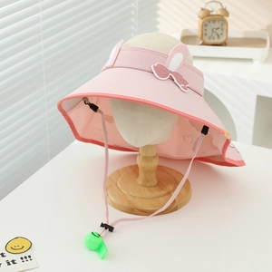 Detail of pink sun hat featuring rabbit ears, mesh lining and integrated whistle