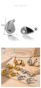 Detailed view of teardrop stud earrings in gold and silver showing 2.5cm height dimension