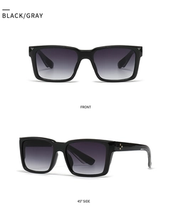 Front and side view of classic black square sunglasses with grey gradient lenses