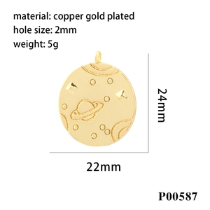 Gold plated copper celestial charm pendant with embossed planet design and 2mm hole size
