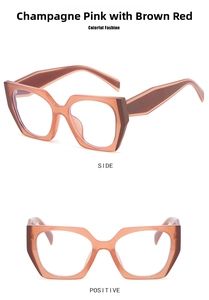 Detail view of champagne pink and brownish red cat-eye glasses frame from side and front
