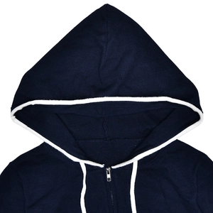Detail of navy blue hoodie featuring contrast white hood trim, drawstring, and front zipper