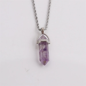 Hexagonal amethyst bullet pendant necklace with a silver twist chain on white background