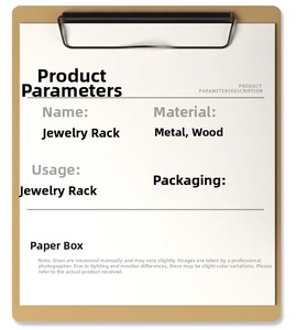 Detailed parameter diagram showing jewelry stand dimensions with metal and wood specs