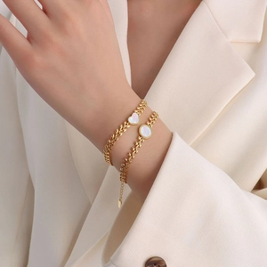 Wheat Ear Chain Bracelet With White Mother Of Artificial Pearl Heart Charm 18K Gold Plated Stainless Steel Adjustable Women Jewelry