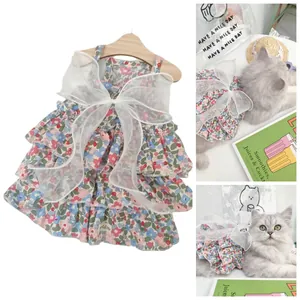 Pet Floral Dress Lace Mesh Cat Dog Clothing Sleeveless Bowknot Princess Summer Party Small Animals Costume