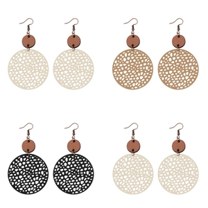 Retro geometric hollow disk earrings in matte multi-color bohemian style with bronze hooks
