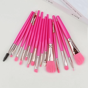 Detailed overhead layout of pink 20pcs makeup brush set with synthetic fiber bristles