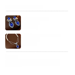 Detailed specs for bow earrings and pearl necklace set with blue rhinestone accents