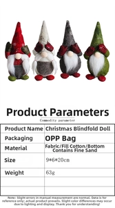 Detailed size chart and specifications for four colorful plush Christmas gnomes