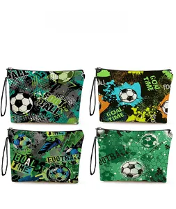 Detail showing four graffiti style football cosmetic bags with different pattern prints