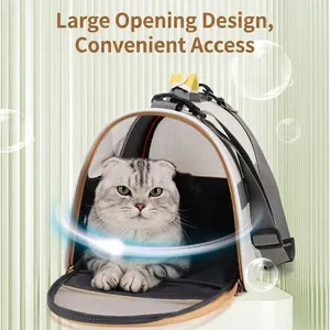 Large capacity breathable cat backpack in grey and beige with wide opening design