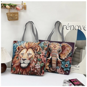 Detailed view of 3D ethnic embroidery featuring lion and elephant patterns on canvas totes