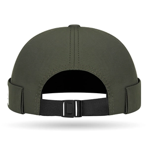 Olive green quick-dry docker cap with adjustable strap and buckle back view