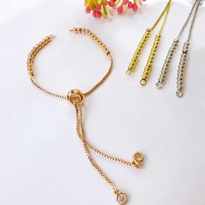 Adjustable Slider Bracelet Copper Gold Plated Round Beads Cubic Zirconia Dainty Elegant Jewelry For Women