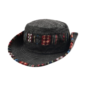Outdoor hiking bucket hat with ethnic patterned trim and wide brim sun protection