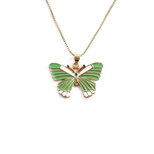 Golden butterfly pendant necklace with green and white enamel and colored gemstones