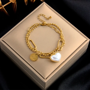 Double Layer Stainless Steel Bracelet With Faux Artificial Pearl Heart Pendant And Engraved Round Tag For Women Gold Color