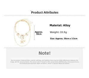 Detail view of gold layered necklace with starfish and flower charms and specifications