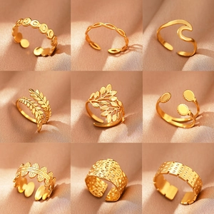 Nine-piece set of gold bohemian stainless steel rings with adjustable open band designs