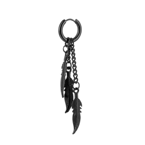 Black stainless steel hoop earrings with triple feather chain tassels in hip hop style
