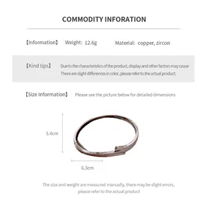 Detailed size chart showing 5.4cm height and 6.3cm width for zircon copper bracelet