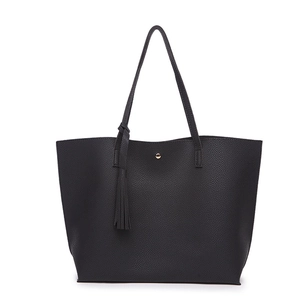 Classic black litchi texture PU leather tote bag with stylish tassel and gold buckle