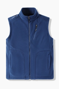 Navy polar fleece vest jacket with high collar and functional multi-pocket design