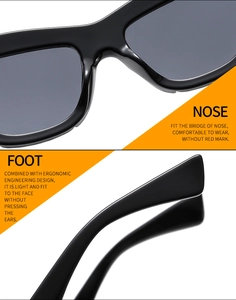 Detail view of ergonomic nose pads and temples on thick frame cat eye sunglasses