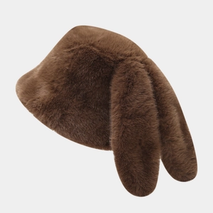 Winter fluffy bunny ear bucket hat for women in warm dark brown faux fur plush material