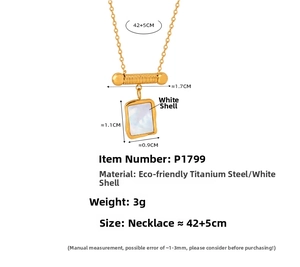 Detail view of 18K gold plated titanium steel necklace with white shell pendant dimensions