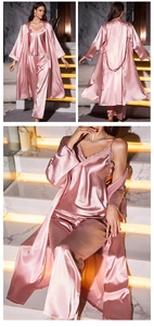 Three-piece pink satin sleepwear set with floral lace trim and elegant robe details