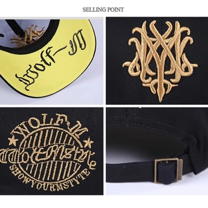 Detailed views of gold embroidery on black baseball cap with premium metal adjustment buckle