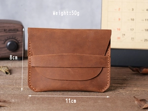 Handmade brown crazy horse leather card holder with dimensions 11cm x 8cm and 50g weight