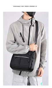 Close-up of black crossbody bag with multi-pocket design and durable nylon texture