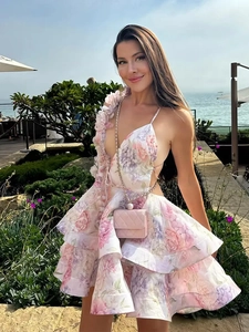 Floral Print Mini Dress Deep V Neck Tiered Ruffle Layered Backless Vacation Party Elegant Sleeveless For Women With Dimensional Shoulder Flower