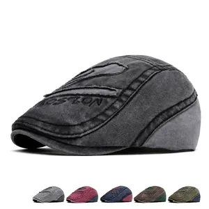 Men Retro Flat Cap Washed Cotton Denim Distressed Ripped Holes Adjustable British Style BOSTON Embroidery