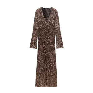 Sequin Maxi Dress Long Sleeve Deep V Neck Padded Shoulder Ruched Side Slit Champagne Gold Elegant Party Evening Bodycon